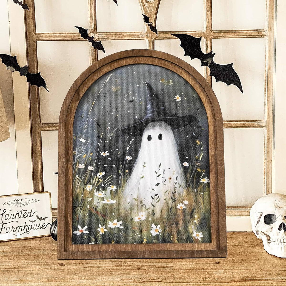 DAZONGE Halloween Wood Framed Arch Sign, Spooky Ghost Witch Halloween Decor