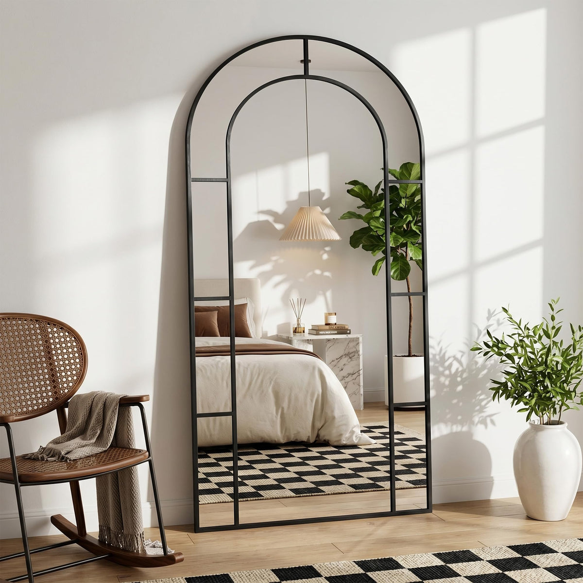76" x 34" Arched Full Length Floor Mirror, Farmhouse Window Pane Mirror with Metal Frame, Decorative Leaning or Wall Mounted Mirror for Bedroom, Living Room, Entryway, Black