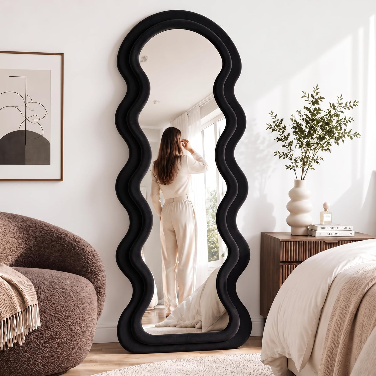 BOJOY Full Length Mirror 63"x24", Irregular Wavy Mirror, Wave Arched Floor Mirror, Wall Mirror Standing Hanging or Leaning Against Wall for Bedroom, Flannel Wrapped Wooden Frame, Milk Tea Color