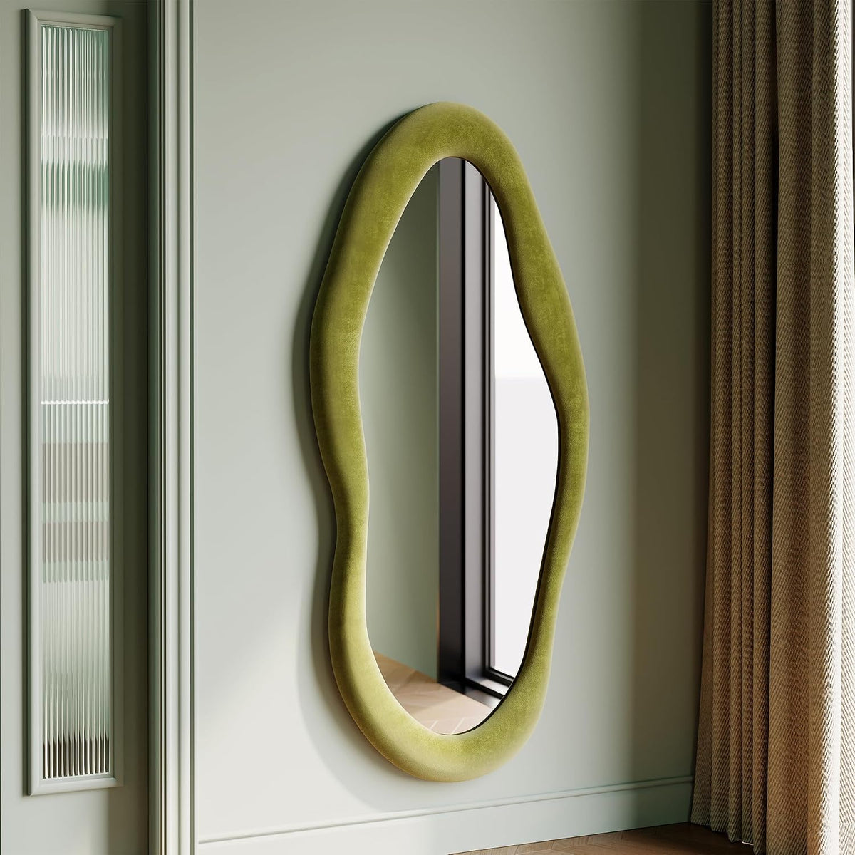 Honyee 55" x 24" Wavy Mirror, Flannel Wrapped Wooden Frame, Irregular Hanging for Cloakroom/Bedroom/Living Room, Green
