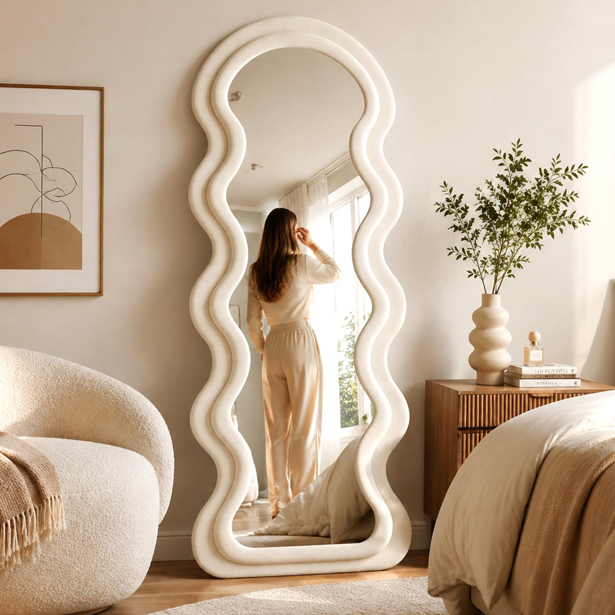 BOJOY Full Length Mirror 63"x24", Irregular Wavy Mirror, Wave Arched Floor Mirror, Wall Mirror Standing Hanging or Leaning Against Wall for Bedroom, Flannel Wrapped Wooden Frame, Milk Tea Color