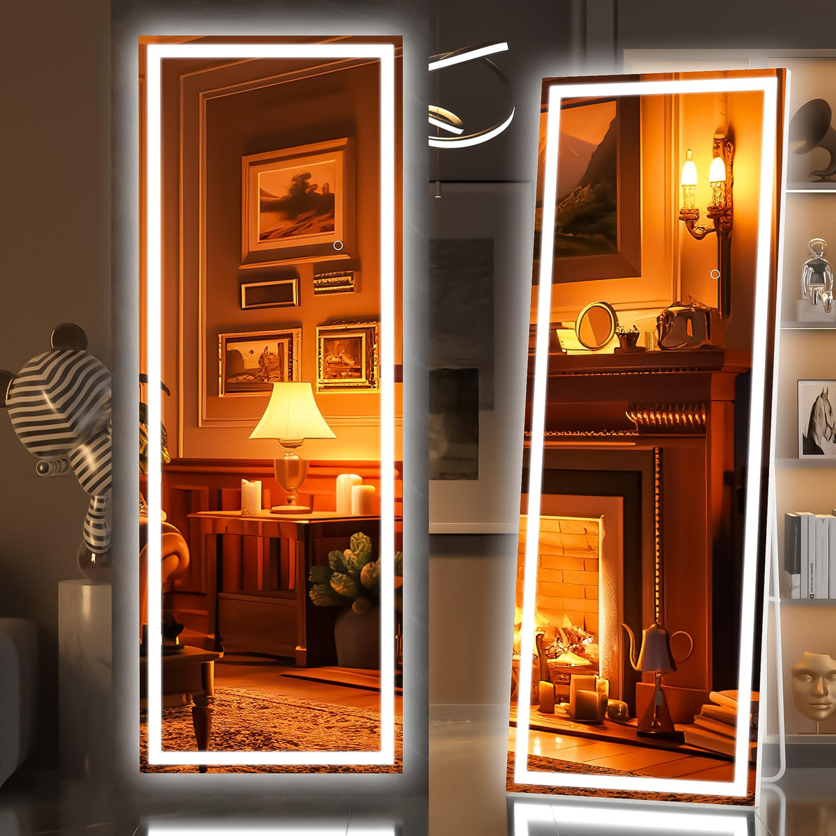 Hasipu Full Length Mirror with Lights, 67" x 20" LED Lighted Floor Standing, Full Body Dressing Hanging Mounted Mirror, Tempered Glass, Square White