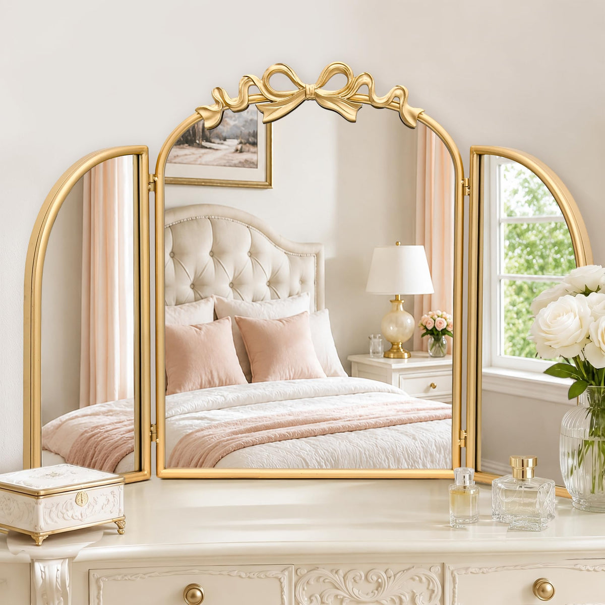 Besdomus Arched Mirror Full Length: 21"x56" Vintage Gold Bow Floor Mirrors
