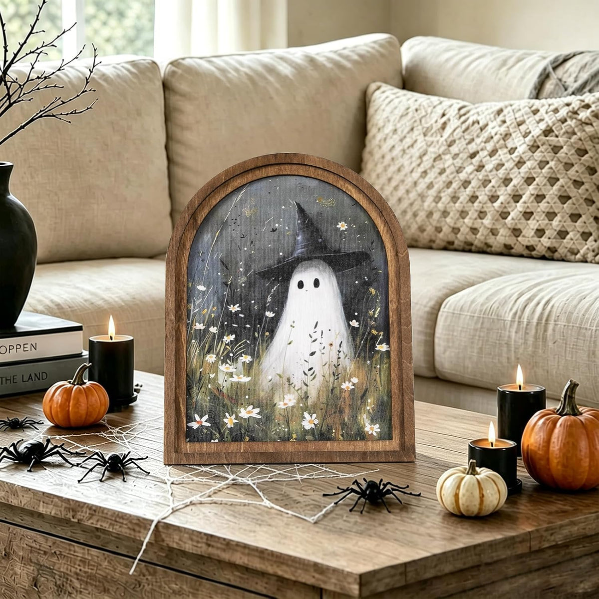 DAZONGE Halloween Wood Framed Arch Sign, Spooky Ghost Witch Halloween Decor