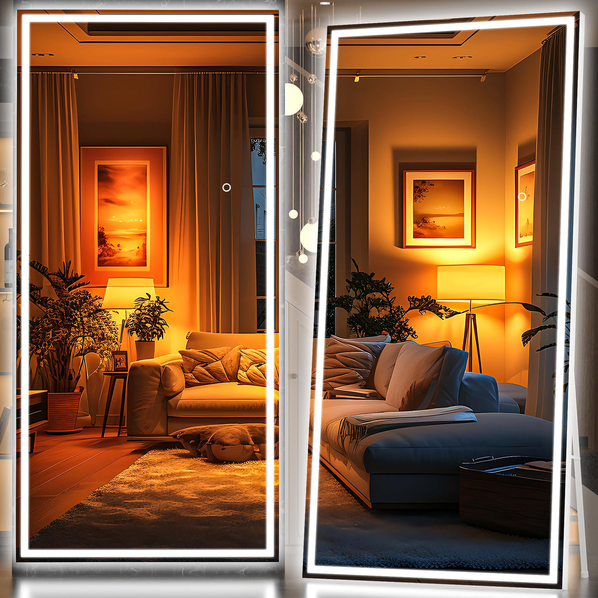 Hasipu Full Length Mirror with Lights, 67" x 20" LED Lighted Floor Standing, Full Body Dressing Hanging Mounted Mirror, Tempered Glass, Square White