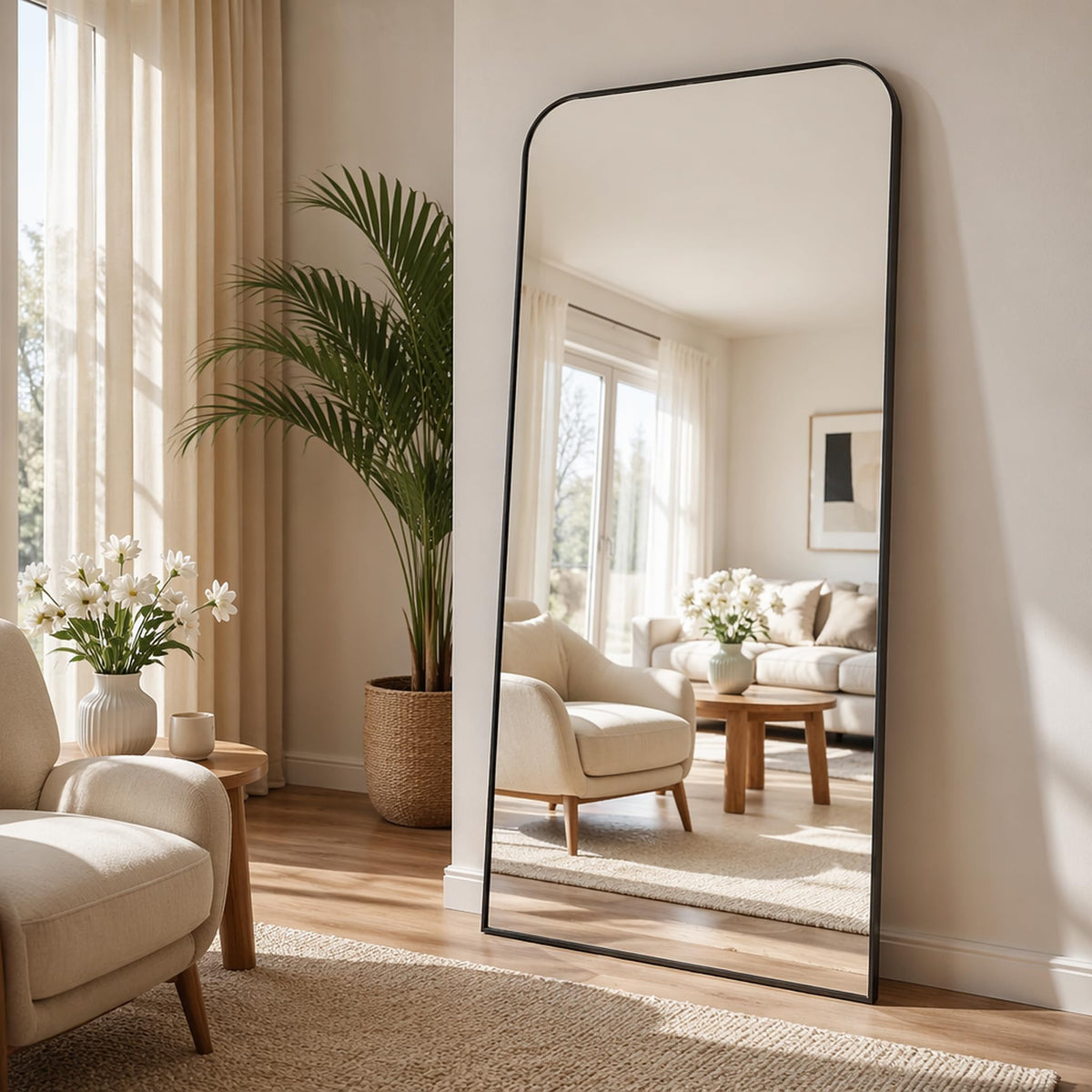 Arched Floor Standing Mirror 71"x26"Black with Top Round Corner