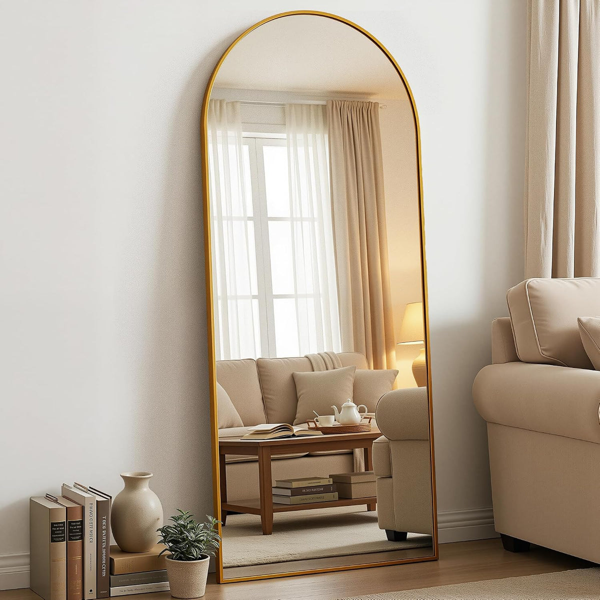 Antok 58" x 20" Arched Full Length Floor Mirror, Aluminum Frame, Black