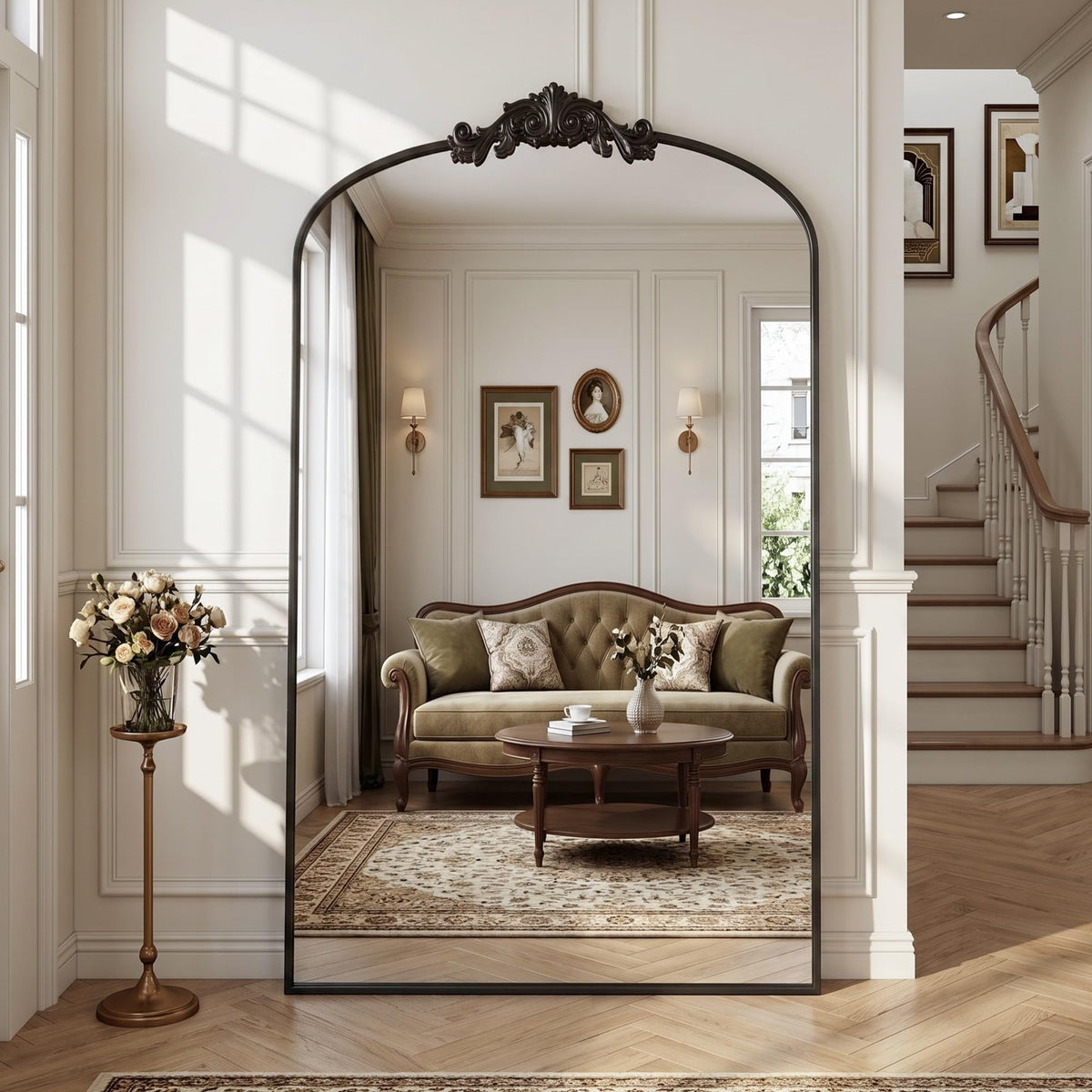 Antok Arched Full Length Mirror, 71"x28" Floor Mirror with Carved, Bronze