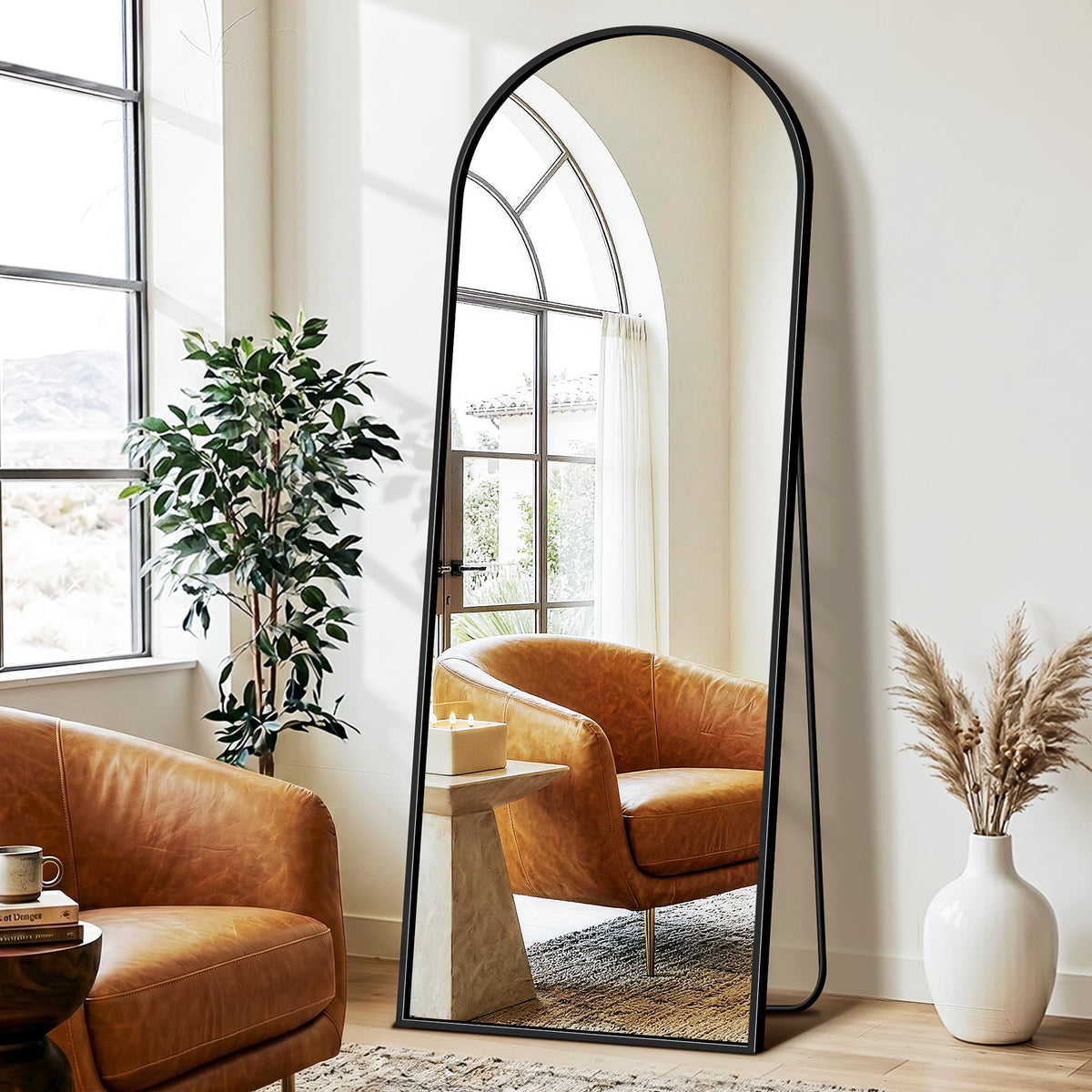 Arched Full Length Mirror with Stand, 56"x15" Full Body Floor Mirror, Black