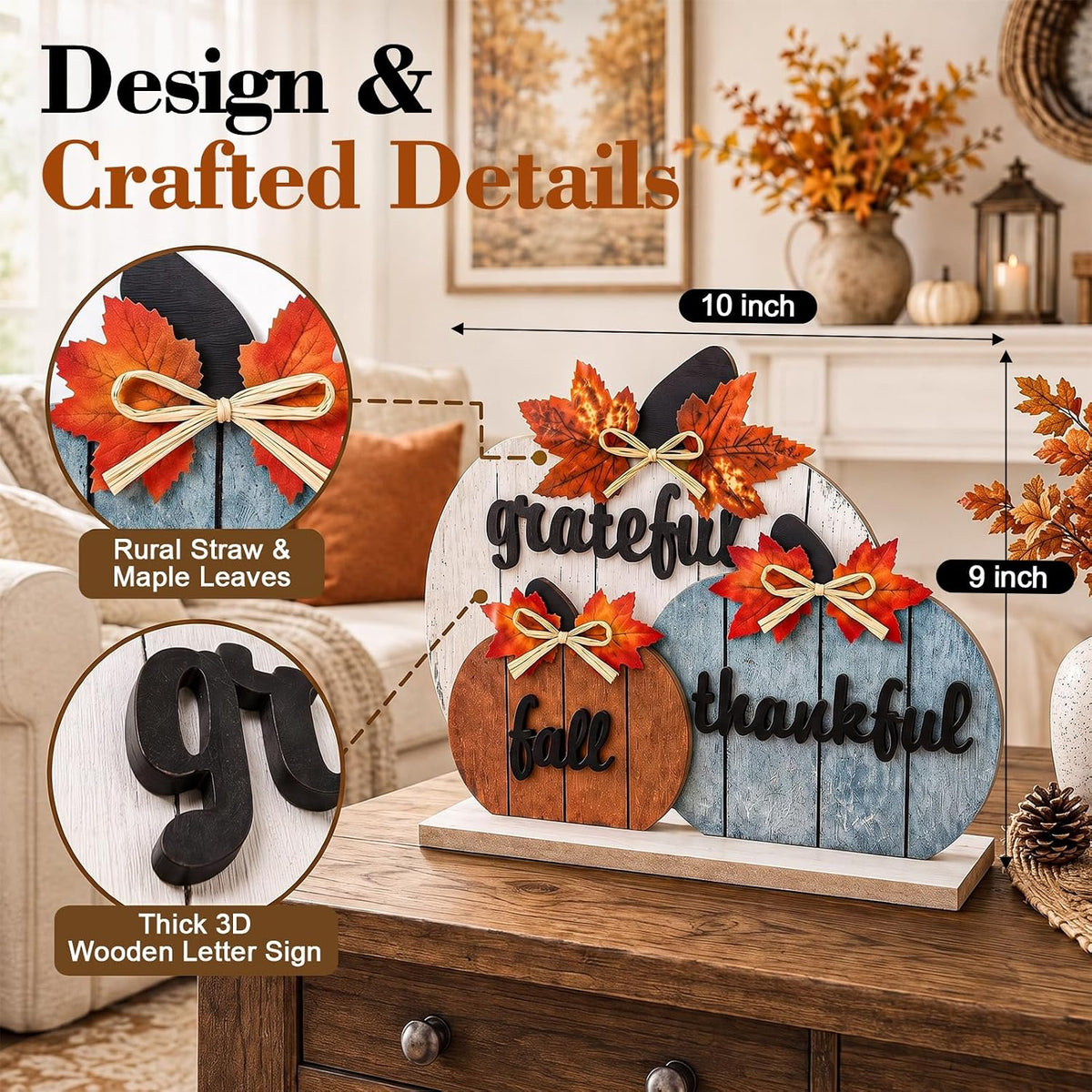 OLANRUN Fall Decor, Thanksgiving Fall Decorations for Home, 3Pcs Wooden Autumn Pumpkin Decor Sign, Farmhouse Thanksgiving Table Decorations Indoor for Office Living Room Bedroom Mantel Kitchen