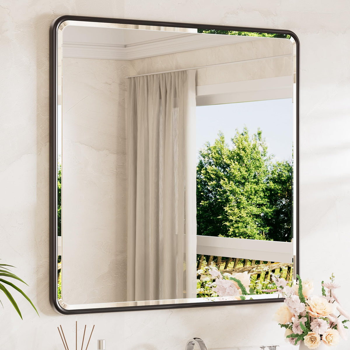 TETOTE Brushed Nickel Mirror 20 x 30 Beveled Edge Tempered Glass, Rounded Corner Rectangle Bathroom Mirror for Over Sink for Modern Bathroom, Living Room, Bedroom, Entryway