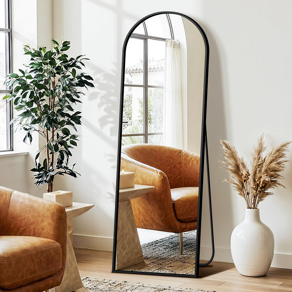 Arched Full Length Mirror with Stand, 56"x15" Full Body Floor Mirror, Black