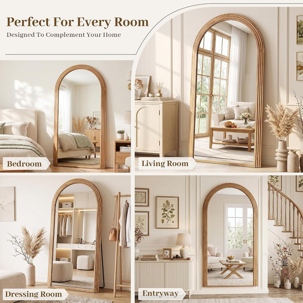 82"x44" Arched Full Length Mirror with Wide Wood Frame,Natural Wood