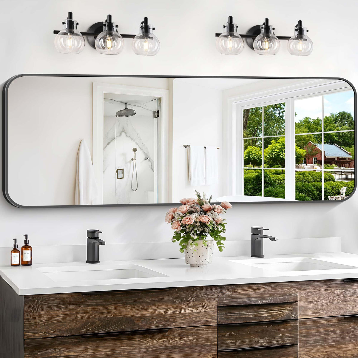 Black Bathroom Mirror, 28x42 inch Aluminum Metal Frame Rectangular Vanity Mirror, Wall Mounted Rectangle Mirrors with Rounded Corner for Bedroom Living Room Hangs Horizontal Or Vertical