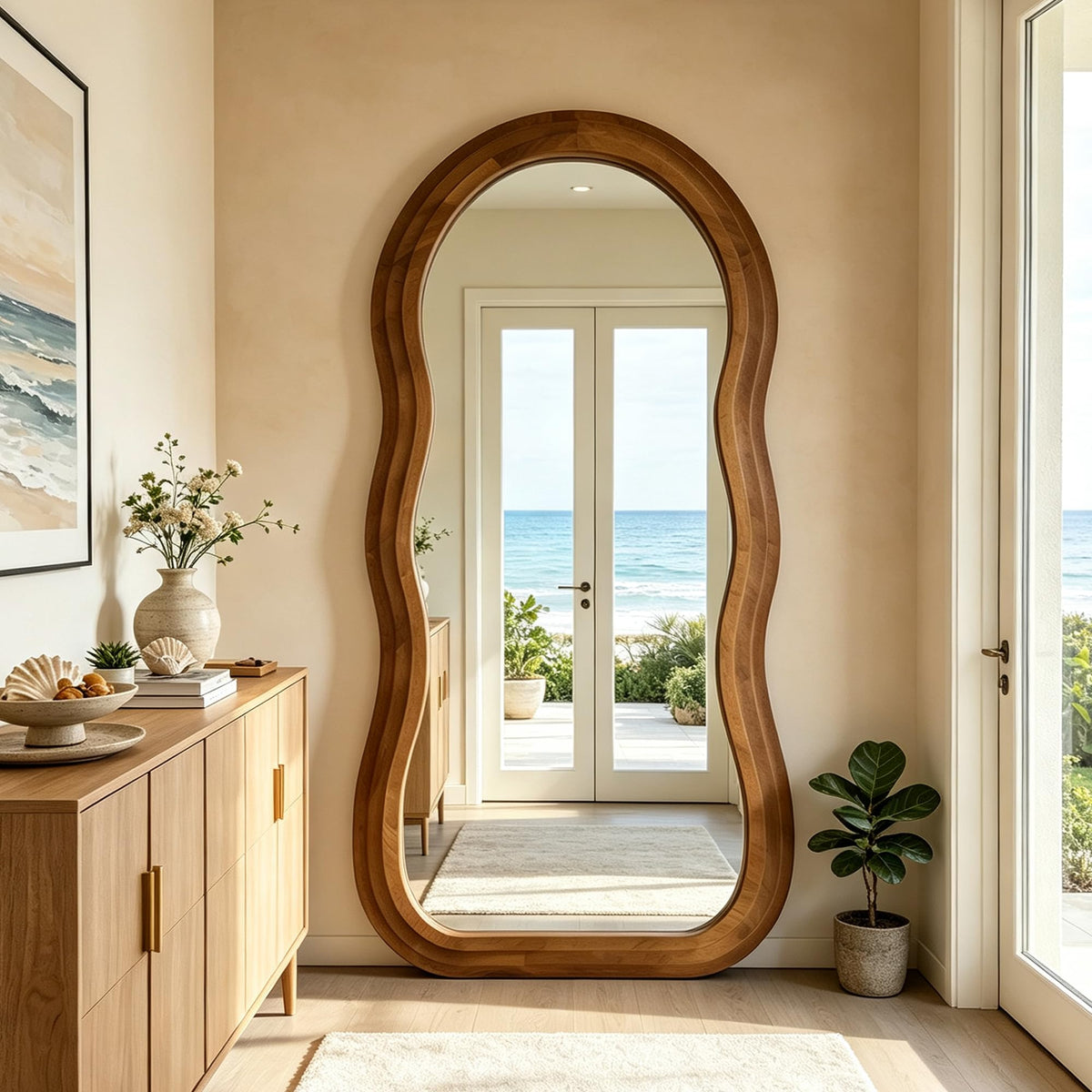 71"x33.5" Wavy Full Length Mirror with 3-Layer Solid Wood Frame