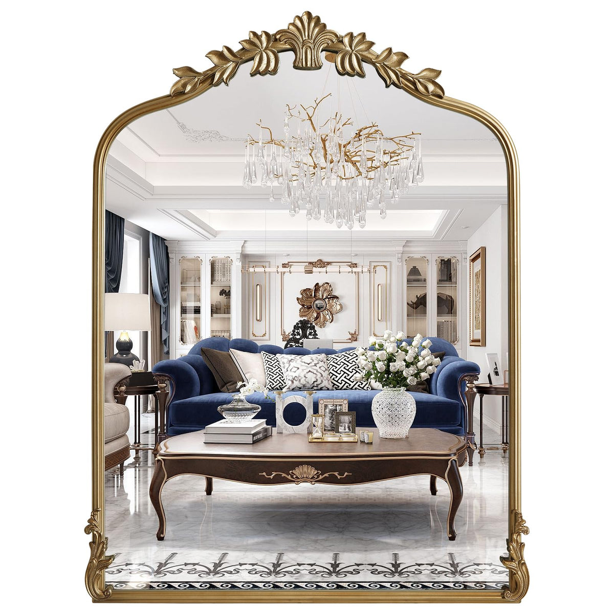 WallBeyond Gold Vintage Mirror for Vanity 32x24 Inch, Gold Antique Mirror with Ornate Frame, Arched Vintage Wall for Bathroom, Living Room, Fireplace, Entryway