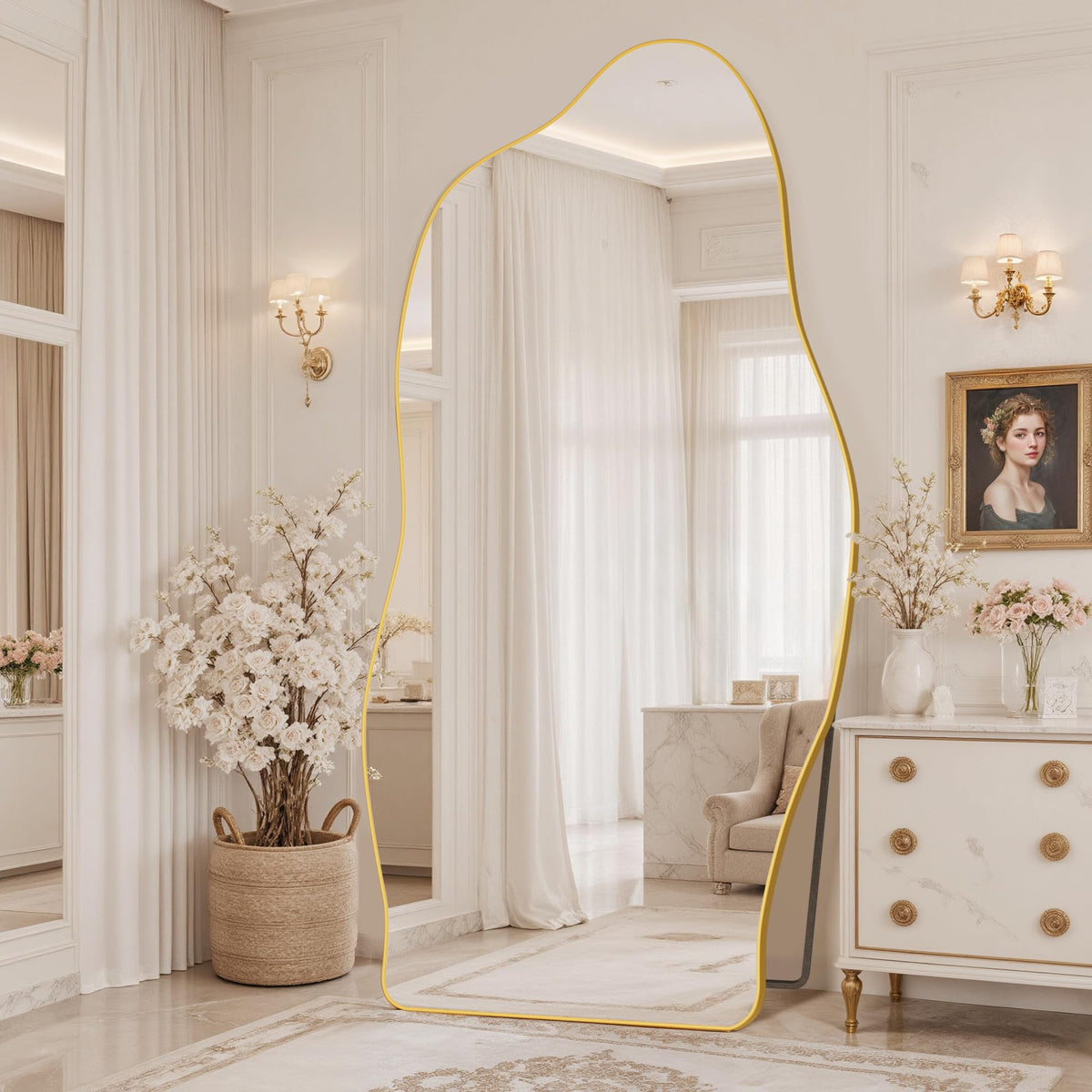 Antok Irregular Full Length Mirror, 76"x36" Asymmetrical Floor Mirror with Stand, Standing Hanging Leaning Irregular Mirrors for Bedroom Living Room Entryway, Wavy Shaped, Black