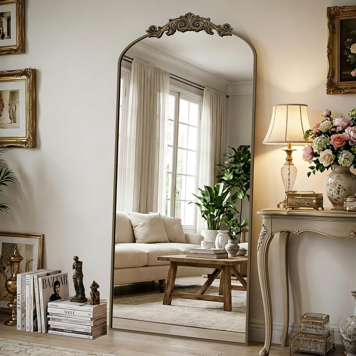 Vintage Full Length Mirror,71"x28" Arched Antique Floor Mirror with Carved Metal Frame,Large Standing Wall Mounted or Leaning Mirror for Bedroom Living Room Entryway,Bronze