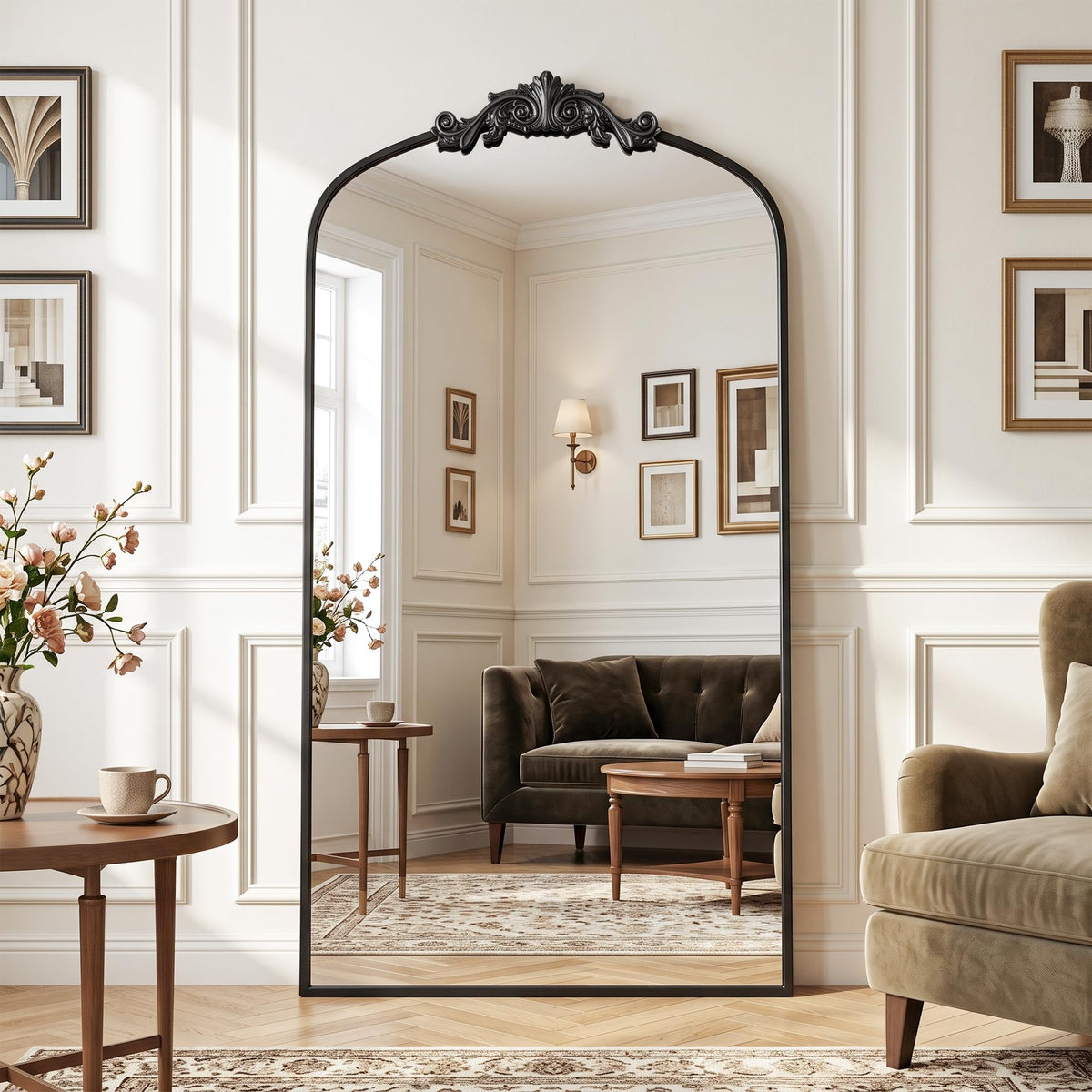 Antok Arched Full Length Mirror, 71"x28" Floor Mirror with Carved, Bronze