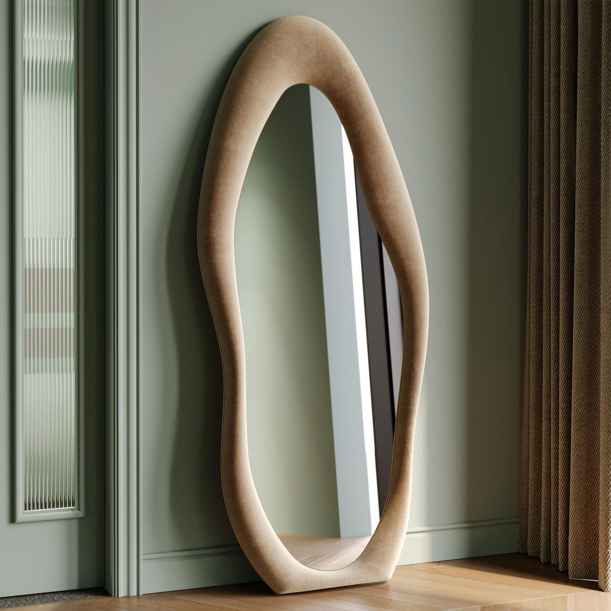 Honyee 55" x 24" Wavy Mirror, Flannel Wrapped Wooden Frame, Irregular Hanging for Cloakroom/Bedroom/Living Room, Green