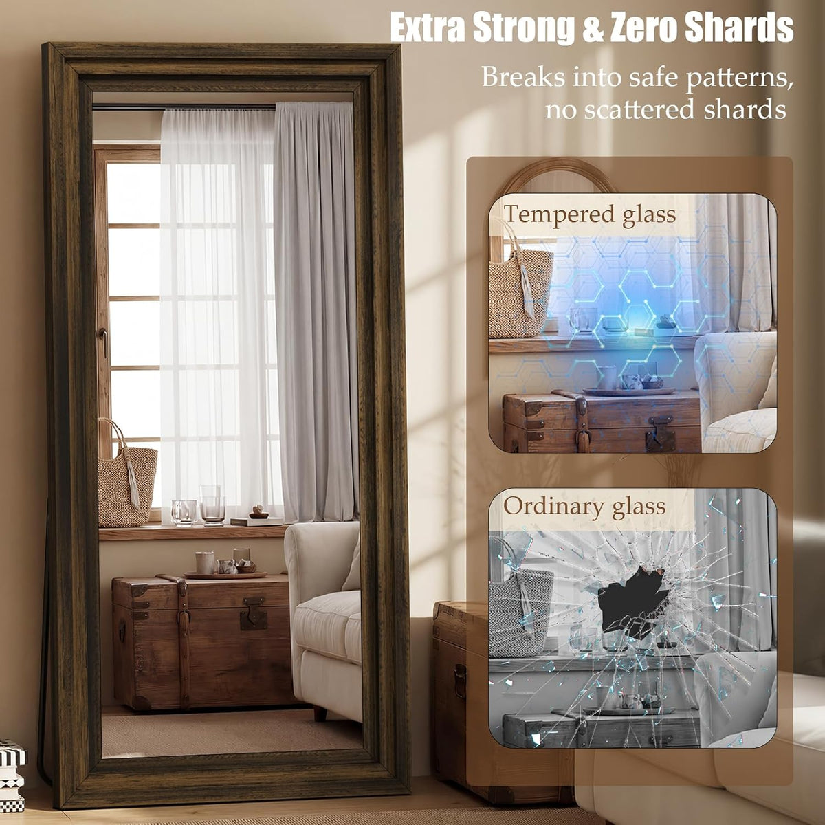 Wood Full Length Mirror 71"x30", Large Solid Wood Frame Floor Mirror