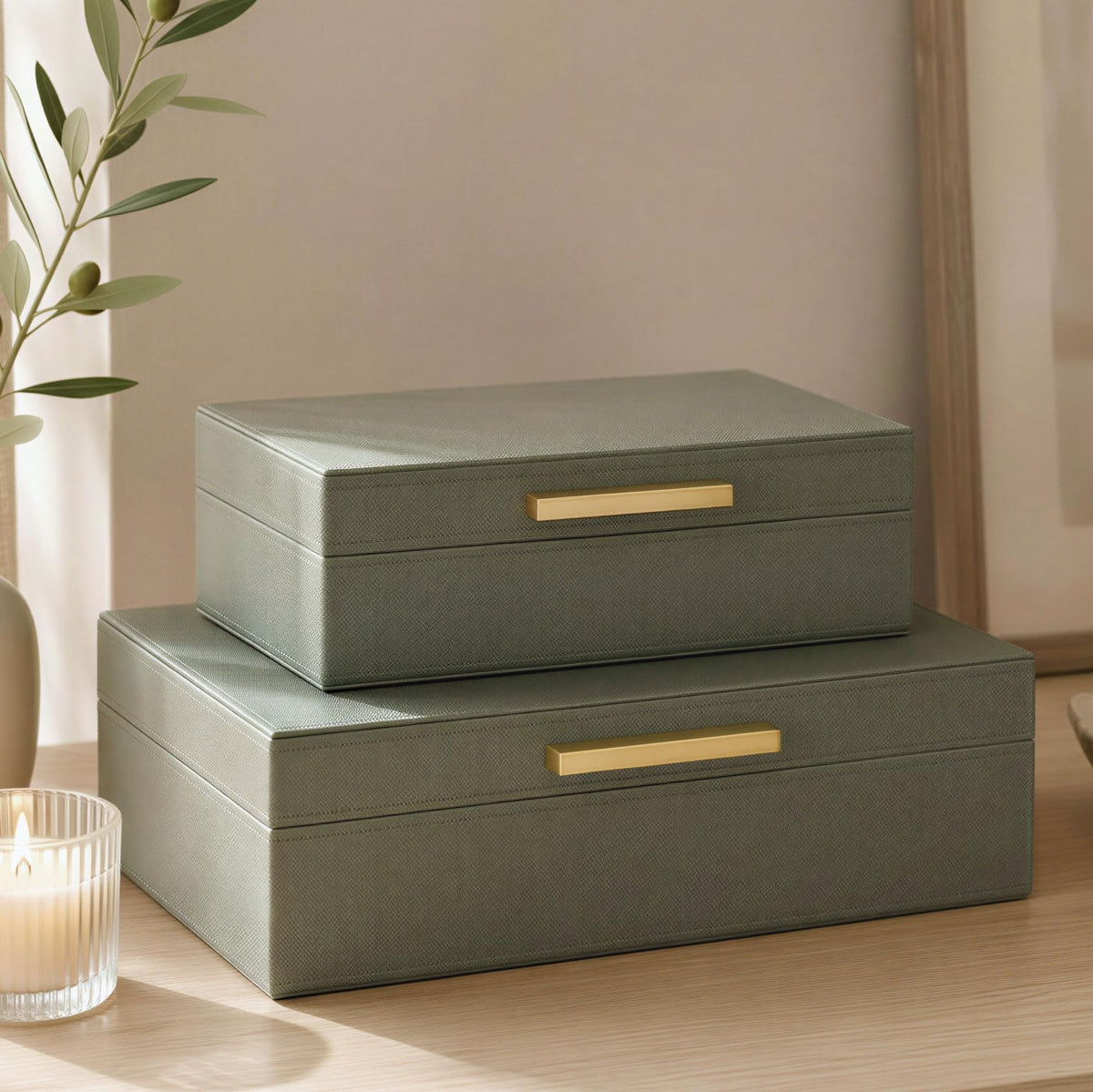 Decorative Storage Boxes with Lids - Set of 2 PU Leather Organizer Bins