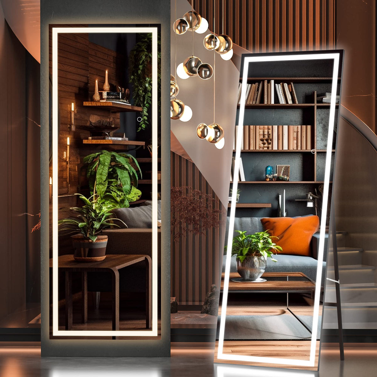 Hasipu Full Length Mirror with Lights, 67" x 20" LED Lighted Floor Standing, Full Body Dressing Hanging Mounted Mirror, Tempered Glass, Square White