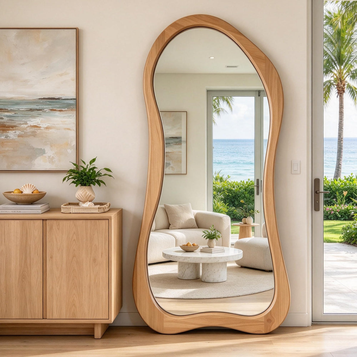 71"x33.5" Wavy Full Length Mirror with 3-Layer Solid Wood Frame