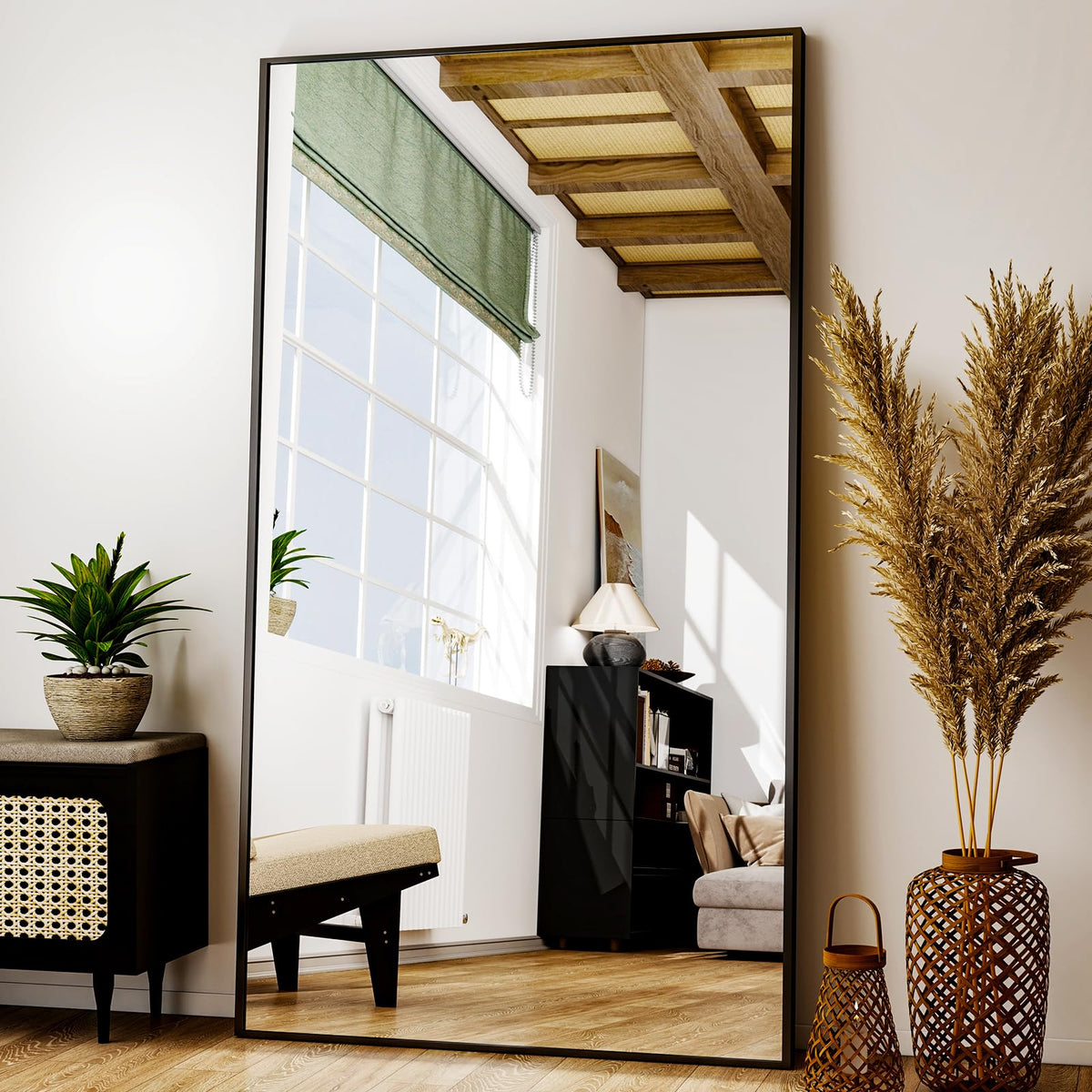 Easly 34"x76" Full Length Mirror with Stand, Large Rectangular Floor Mirror for Bedroom, Living Room or Closet, Wall-Mounted or Freestanding, Black Aluminum Alloy Frame