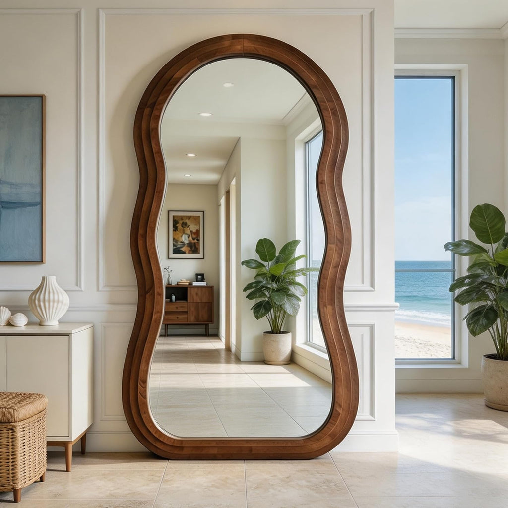 71"x33.5" Wavy Full Length Mirror with 3-Layer Solid Wood Frame