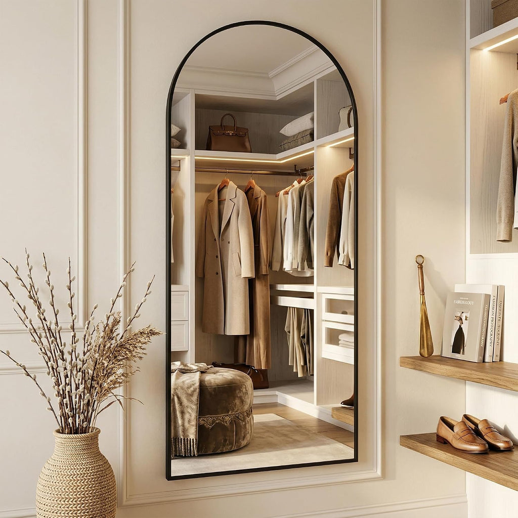 Suidia 71"x28" Arched Full Length Mirror with Stand, Black Floor Mirror