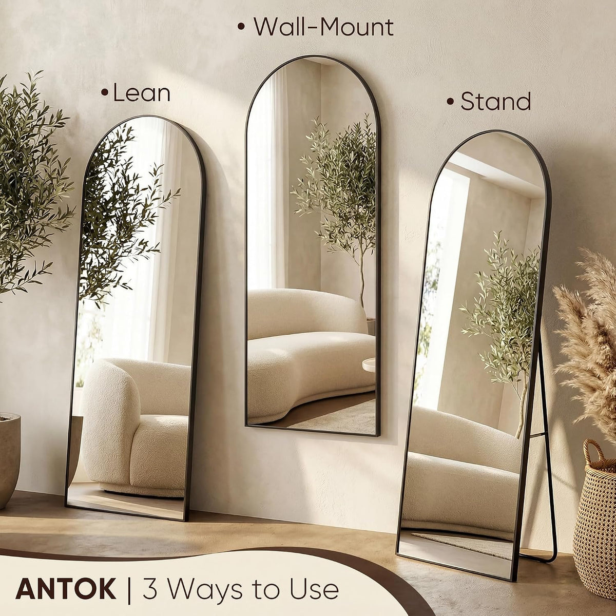 Antok 71" x26” Arched Full Length Mirror, Floor Mirror with Stand,Black