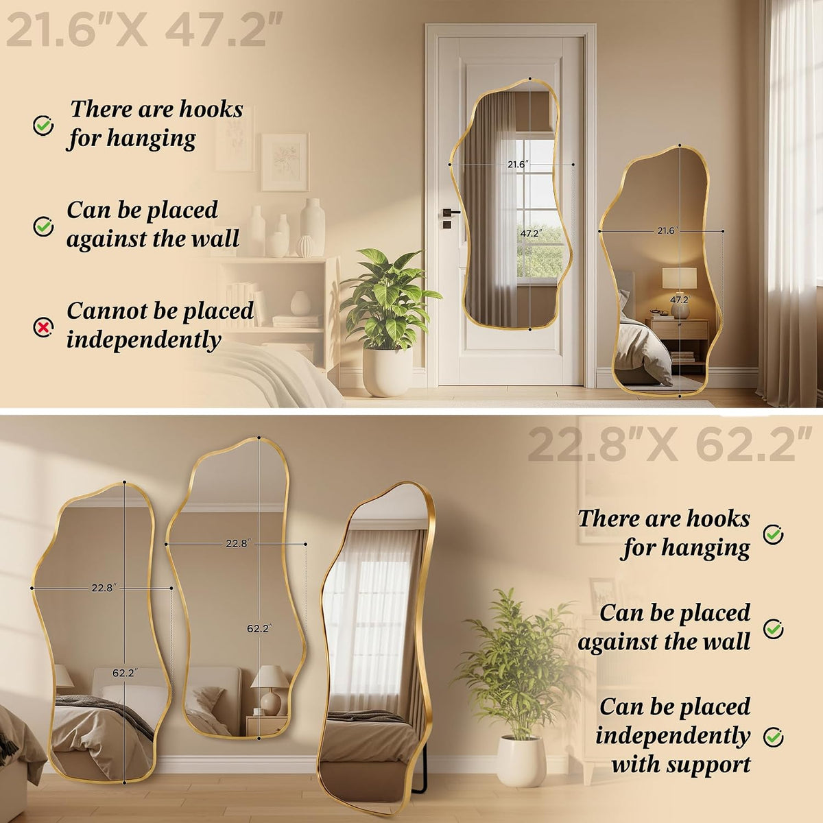 Dorlicecass Irregular Full Length with Stand-Standing Leaning Hanging 62.2"x22.8" Gold Asymmetrical Aluminum Frame Decorative Full Body Mirror for Living Room,Bedroom,Cloakroom,Entryway