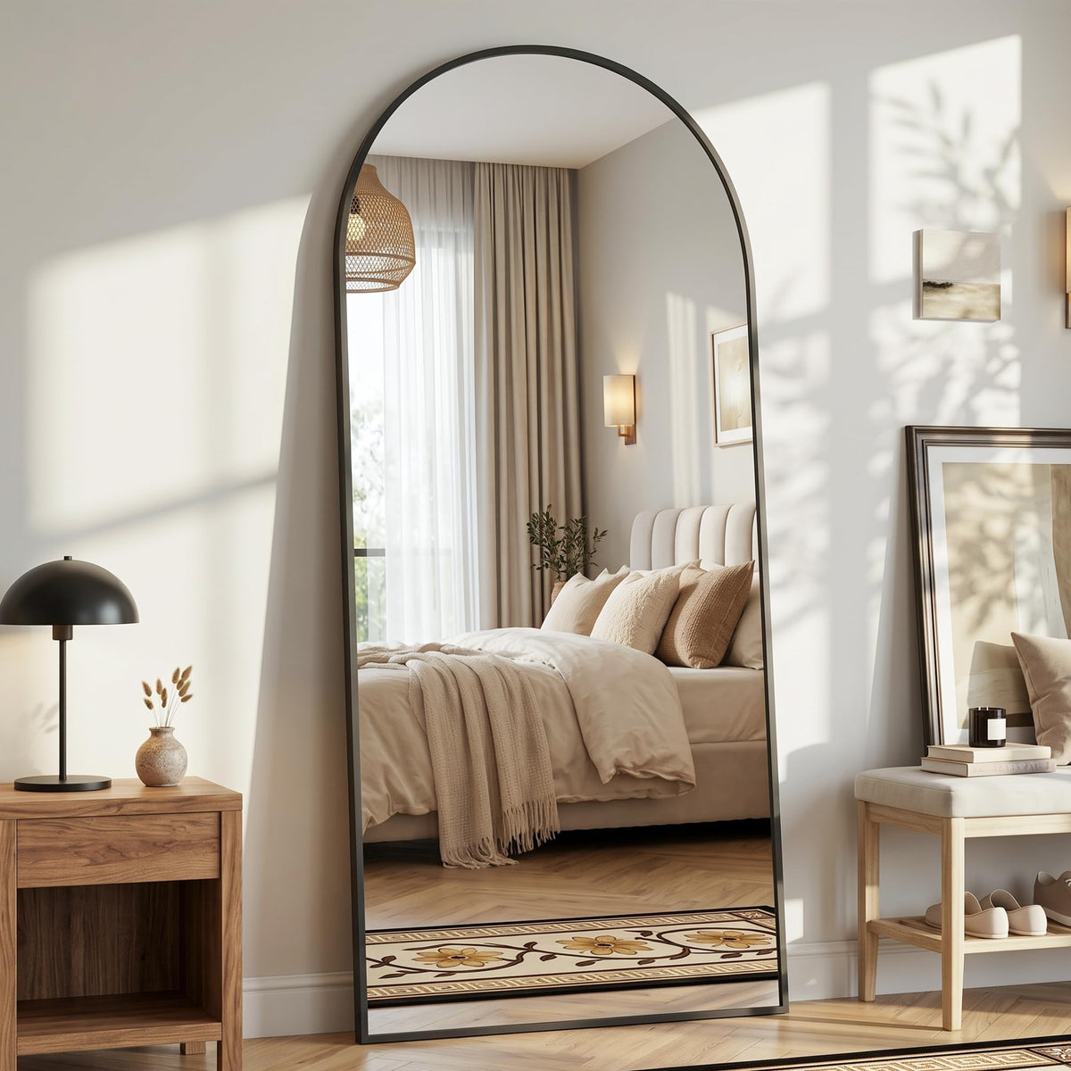 Suidia 71"x28" Arched Full Length Mirror with Stand, Black Floor Mirror