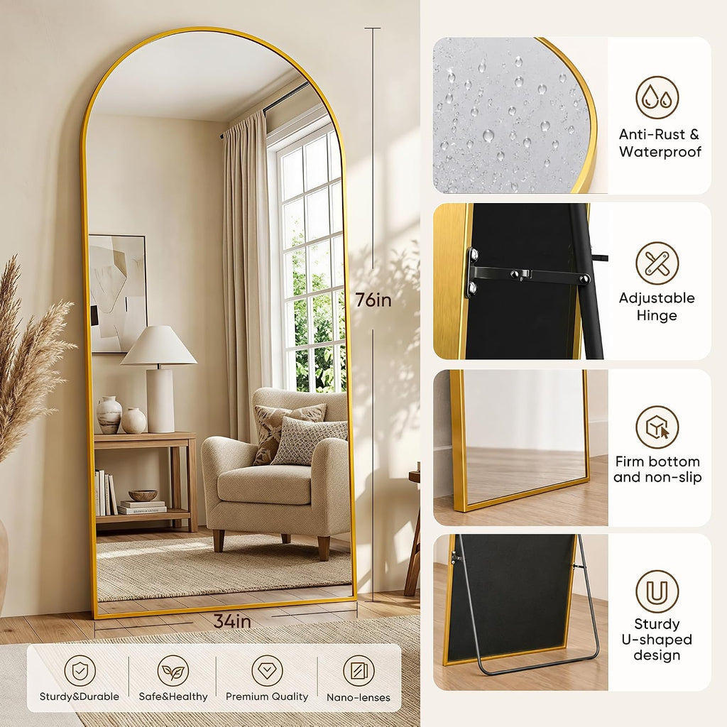 Full Length Mirror, 76"x34" Arched Floor Mirror, Gold