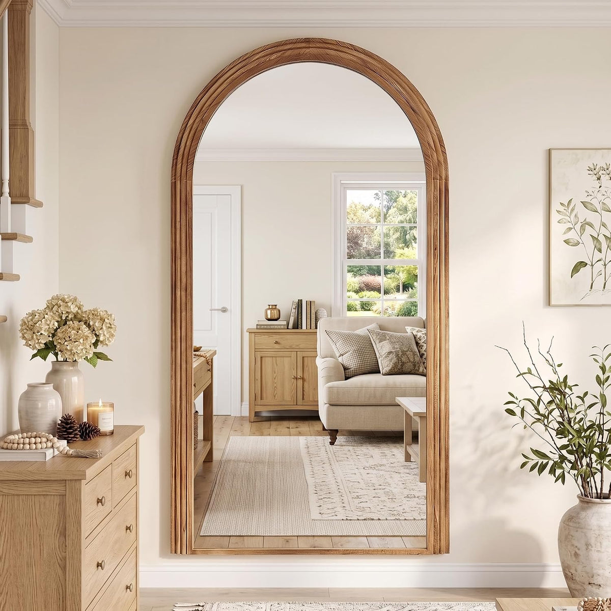 82"x44" Arched Full Length Mirror with Wide Wood Frame,Natural Wood
