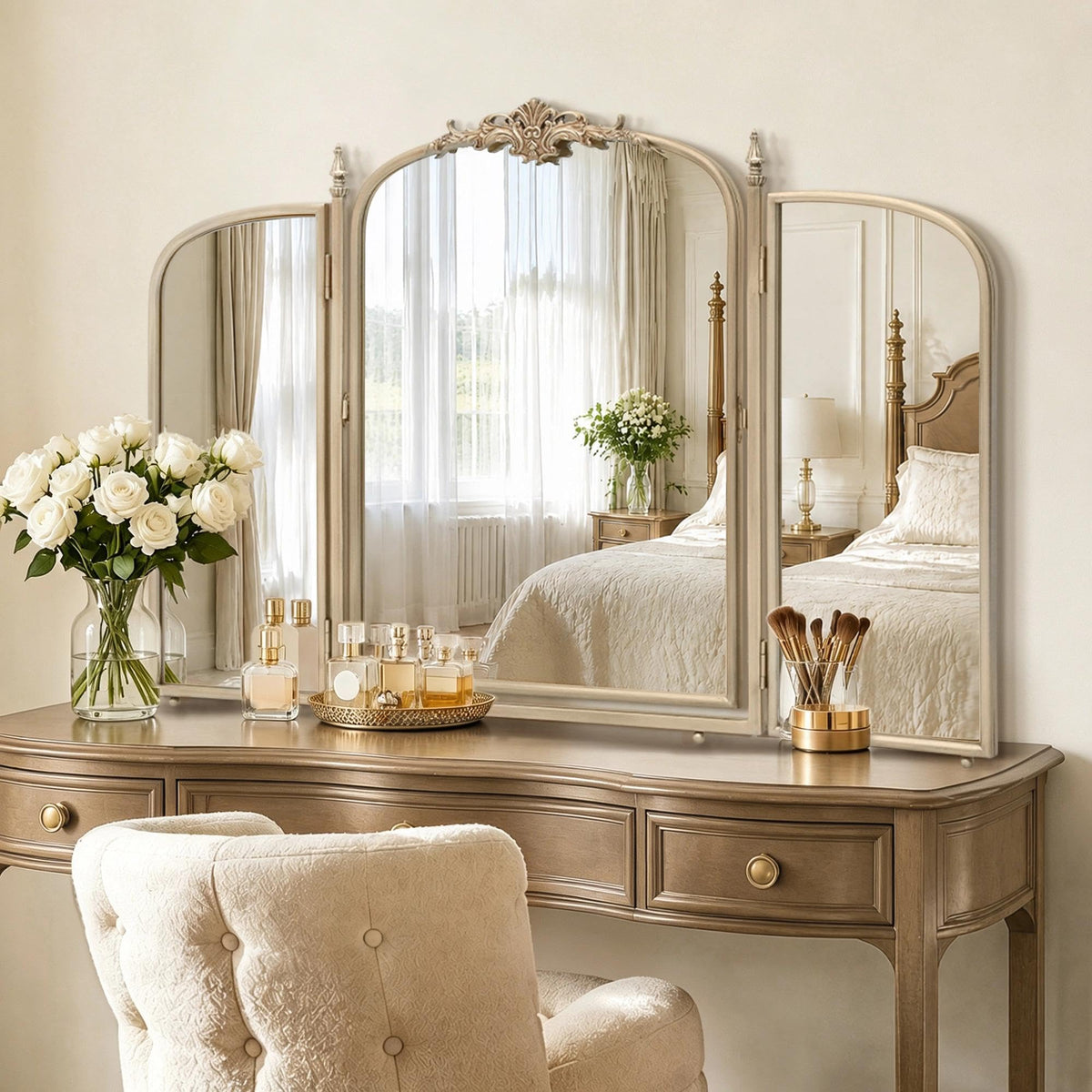 Besdomus Vintage Arched Gold Mirror: 40"x29" Large Brass Antique Decorative