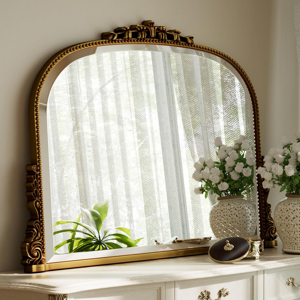 24"×32" Bronze Arched Wall Mirror with Vintage Carving