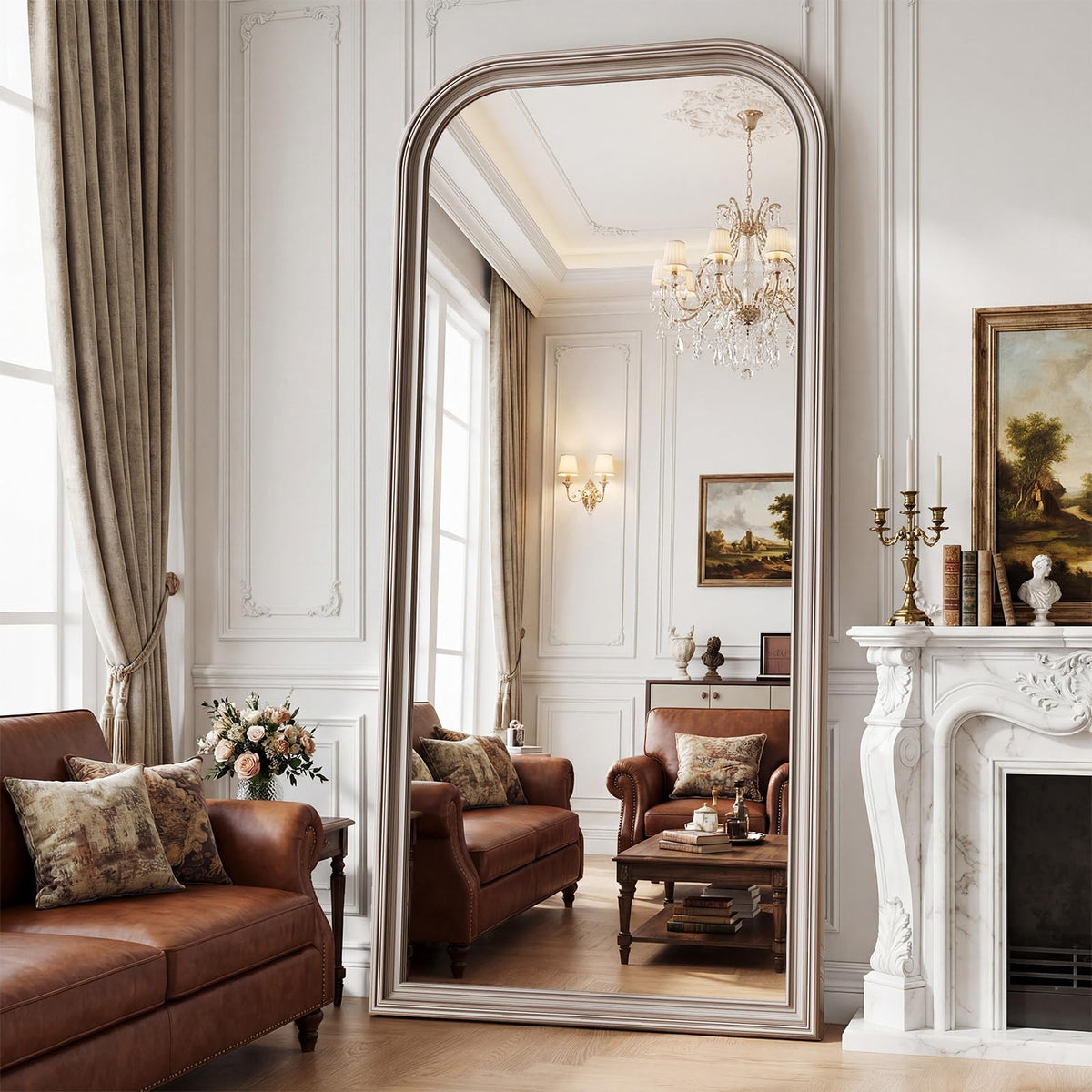 71"x32" Full Length Mirror with Stand, Arched PU Frame