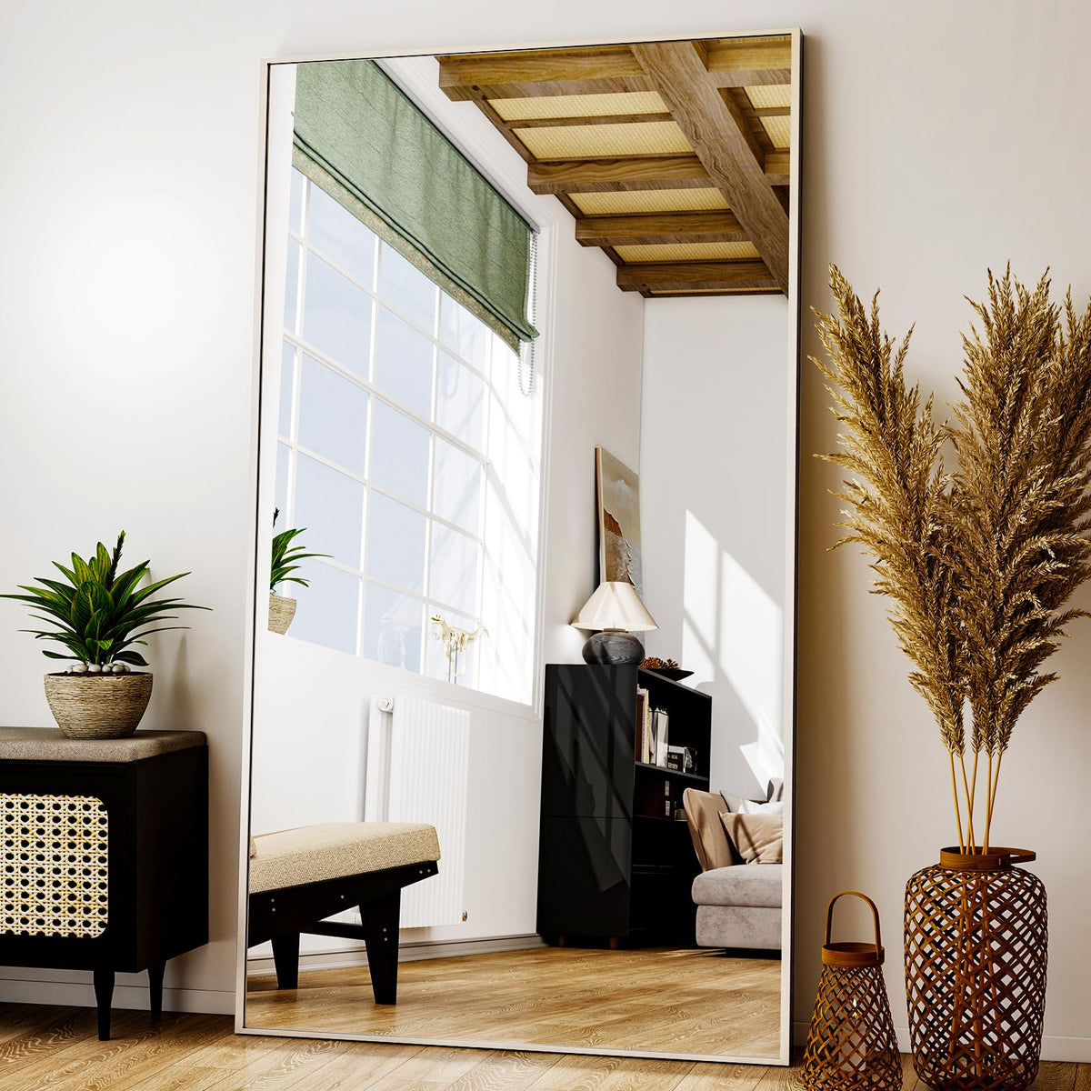 Easly 34"x76" Full Length Mirror with Stand, Large Rectangular Floor Mirror for Bedroom, Living Room or Closet, Wall-Mounted or Freestanding, Black Aluminum Alloy Frame
