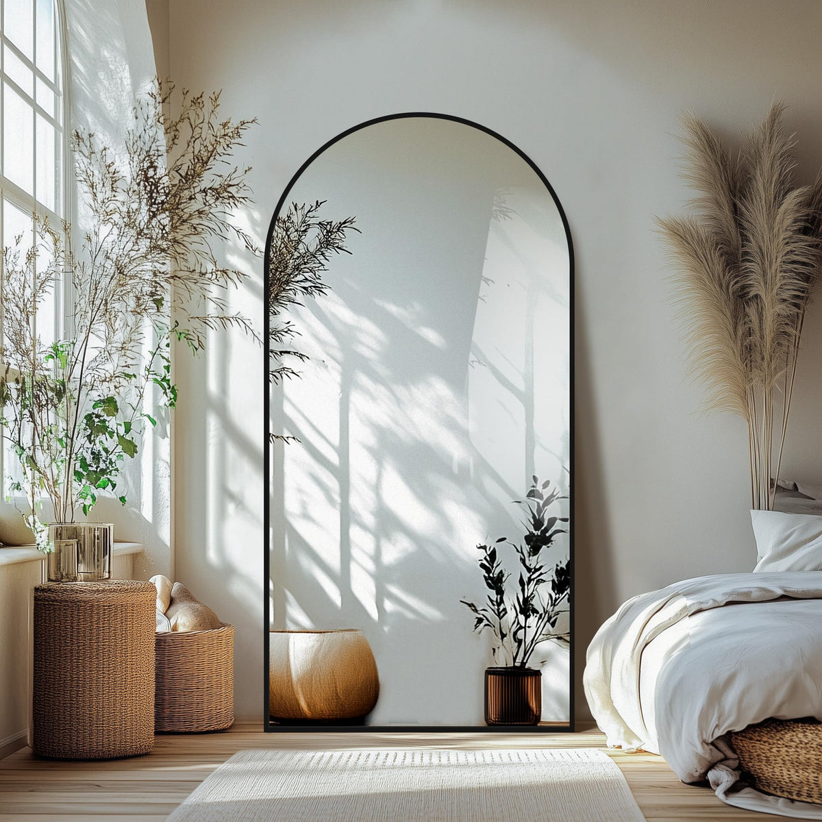 Delma Arched Full Length Mirror with Stand, 75x35 Black Floor Mirror
