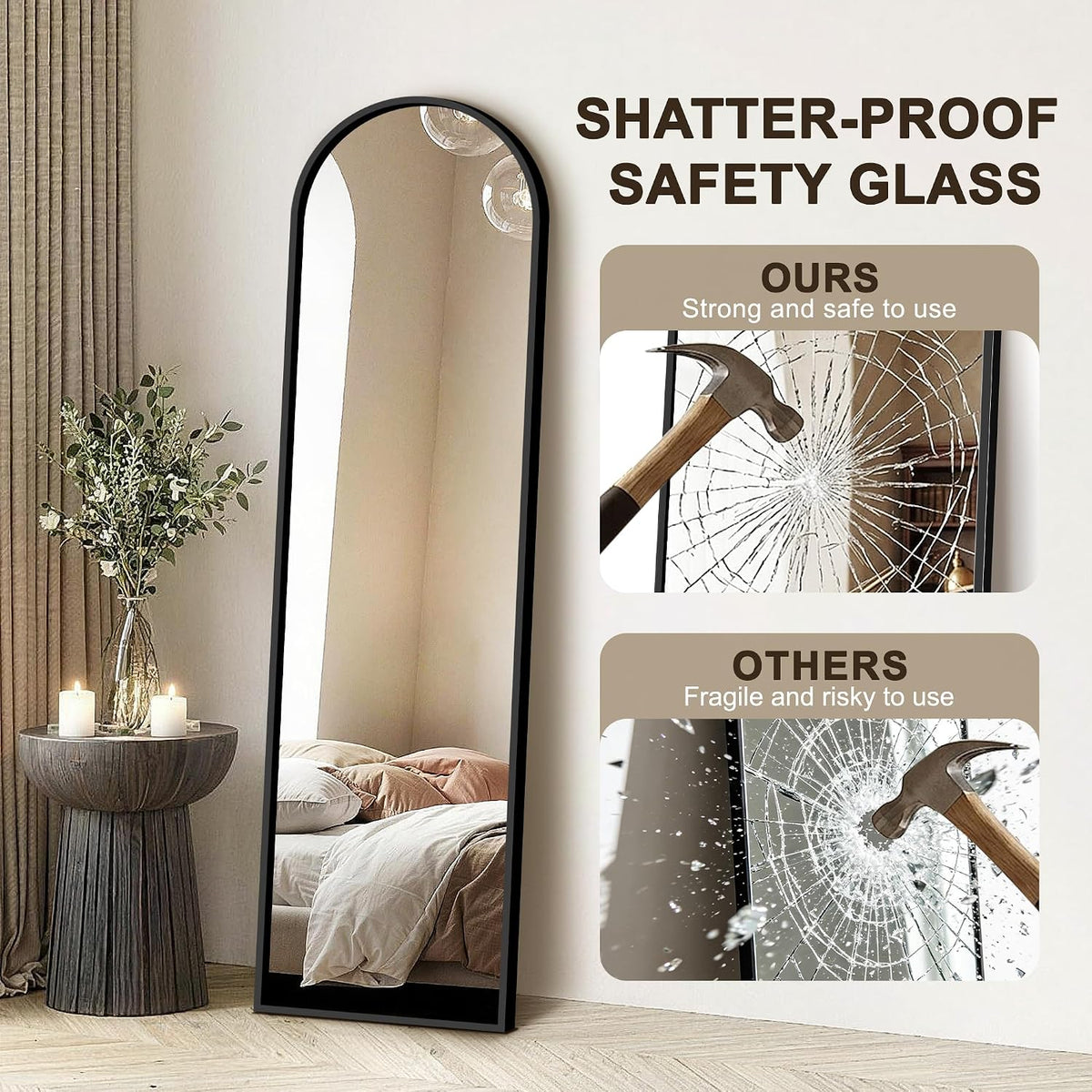 Arched Full Length Mirror with Stand, 56"x15" Full Body Floor Mirror, Black