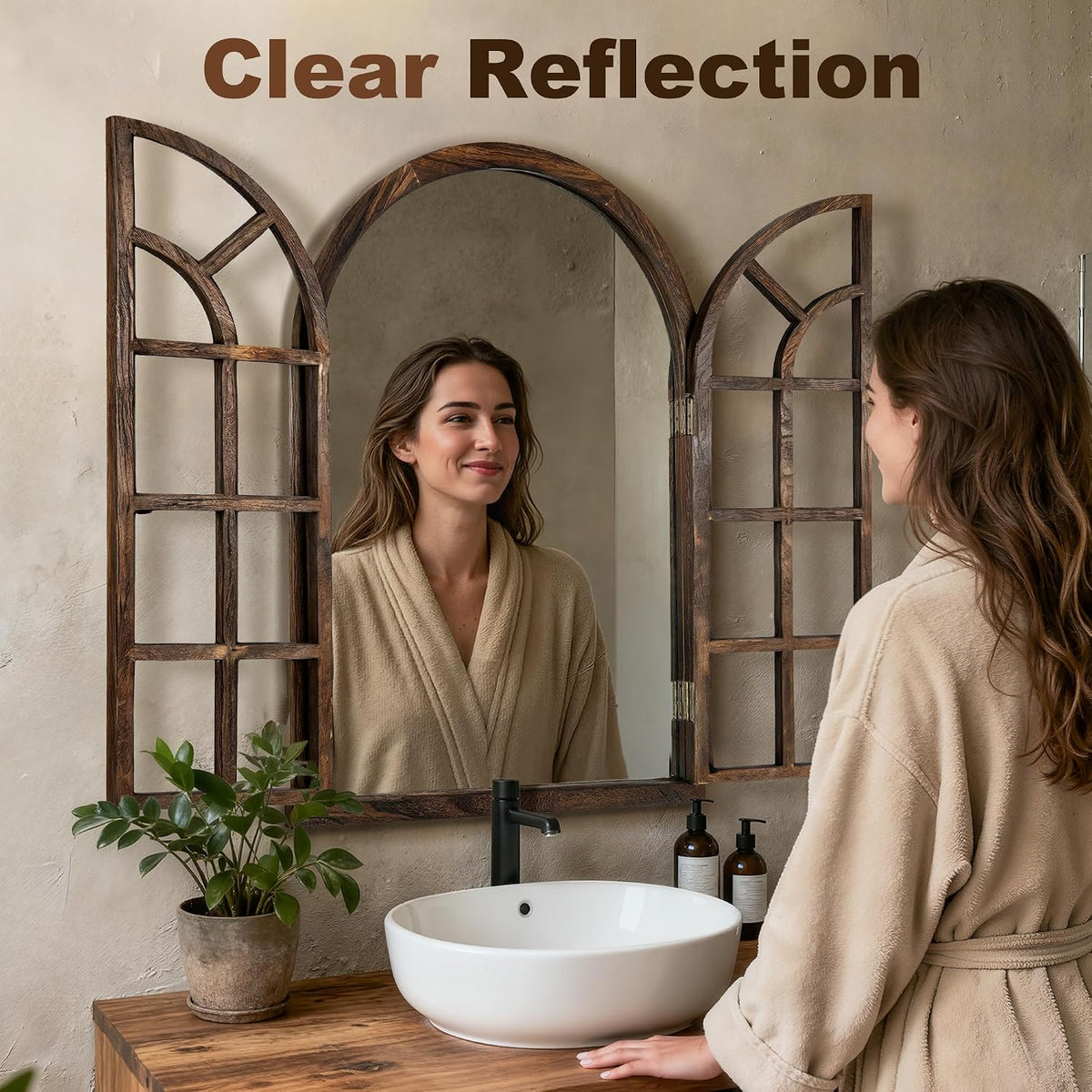 Farmhouse Window Mirror for Wall, 38”x26” Rustic Vintage Arch Mirror