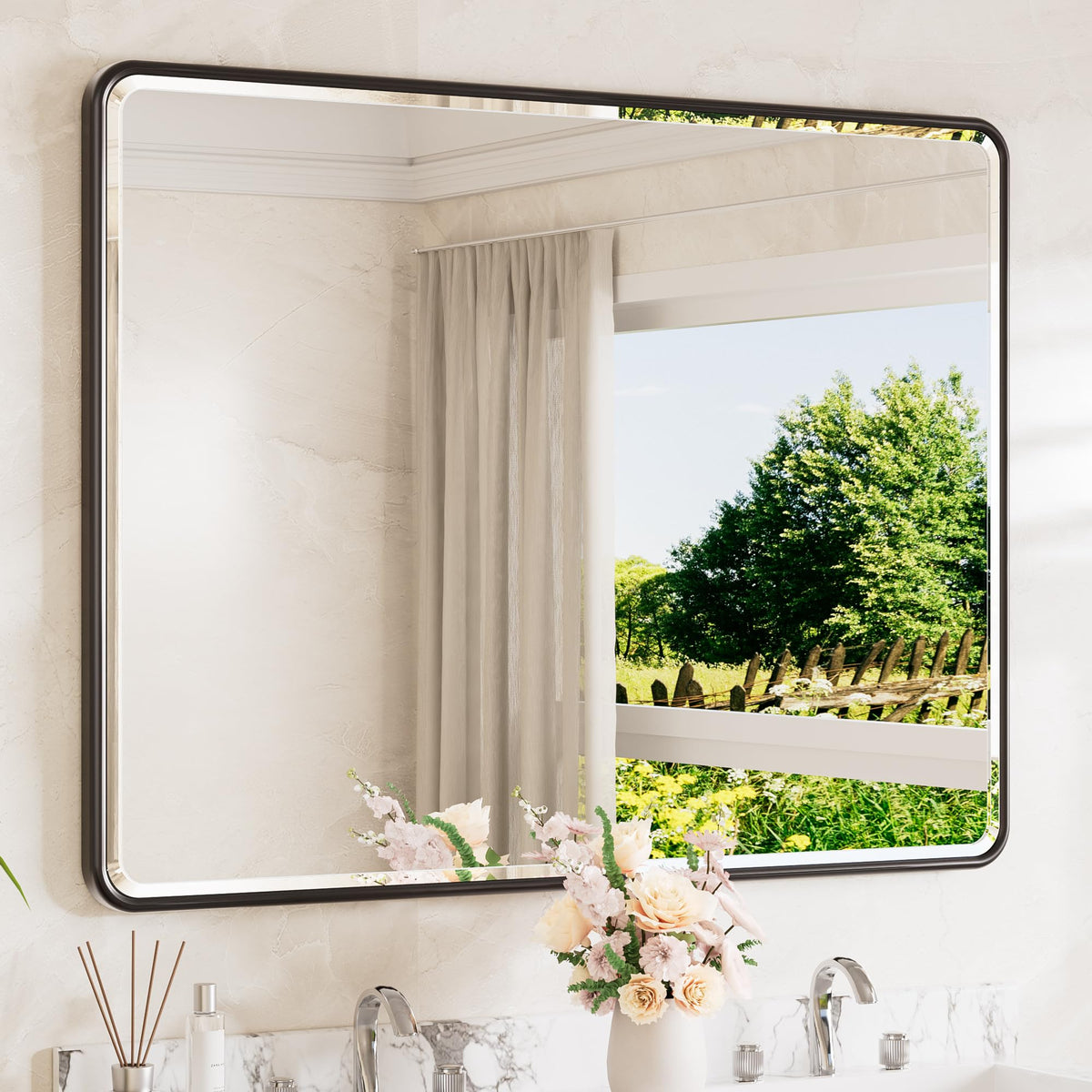 TETOTE Brushed Nickel Mirror 20 x 30 Beveled Edge Tempered Glass, Rounded Corner Rectangle Bathroom Mirror for Over Sink for Modern Bathroom, Living Room, Bedroom, Entryway