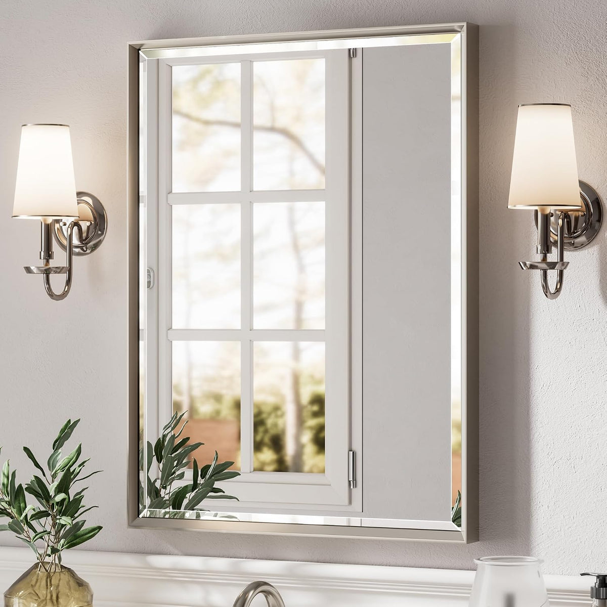 Brushed Nickel Bathroom Mirror, 24x32 Inch Beveled Framed Bathroom Mirror Anti-Rust, Brushed Nickel Metal Frame Bathroom Vanity Mirror for Wall, Vertical/Horizontal Wall-Mounted Mirrors