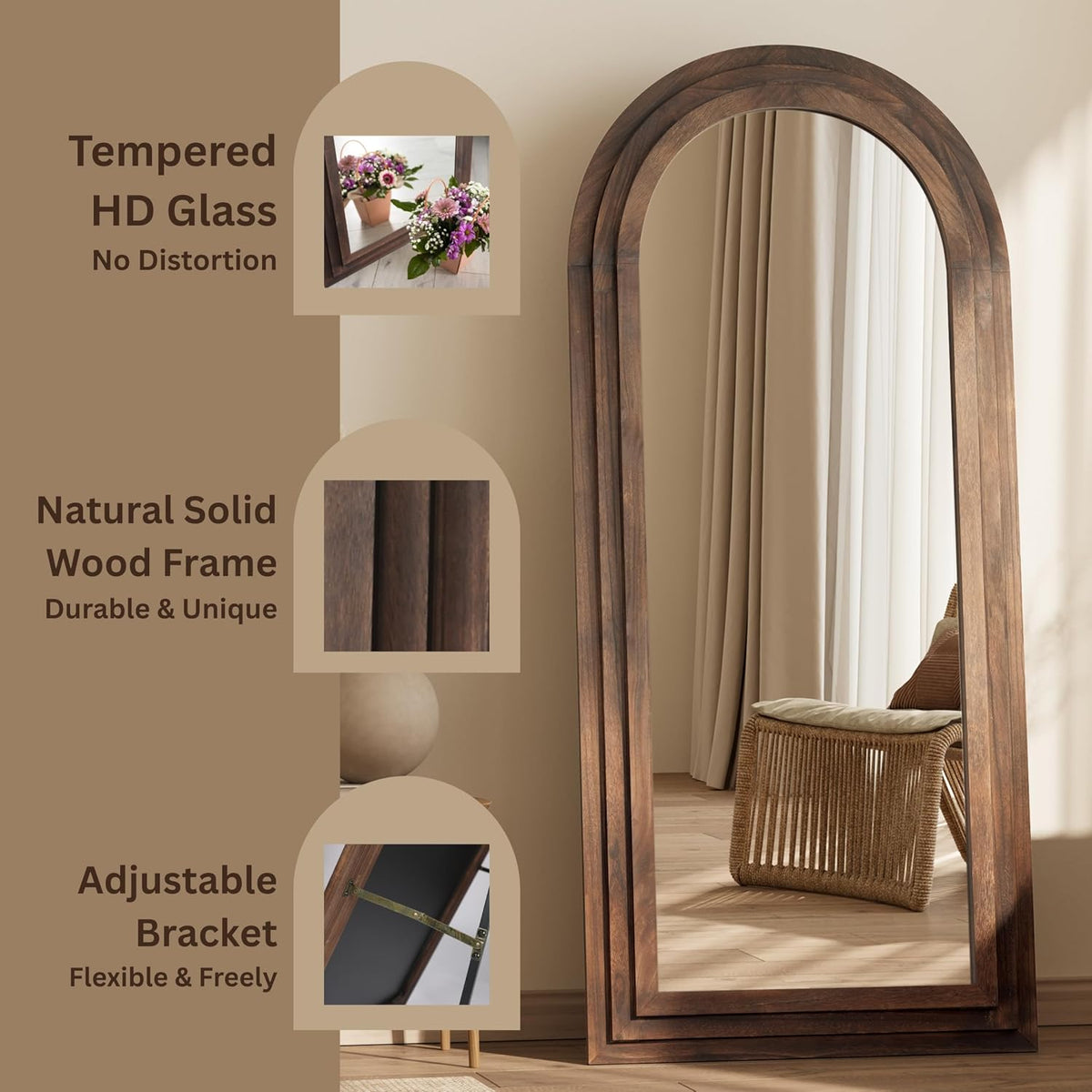 PERFNIQUE Wood Arched Full Length Mirror with Stand, 71x32 Floor Mirror