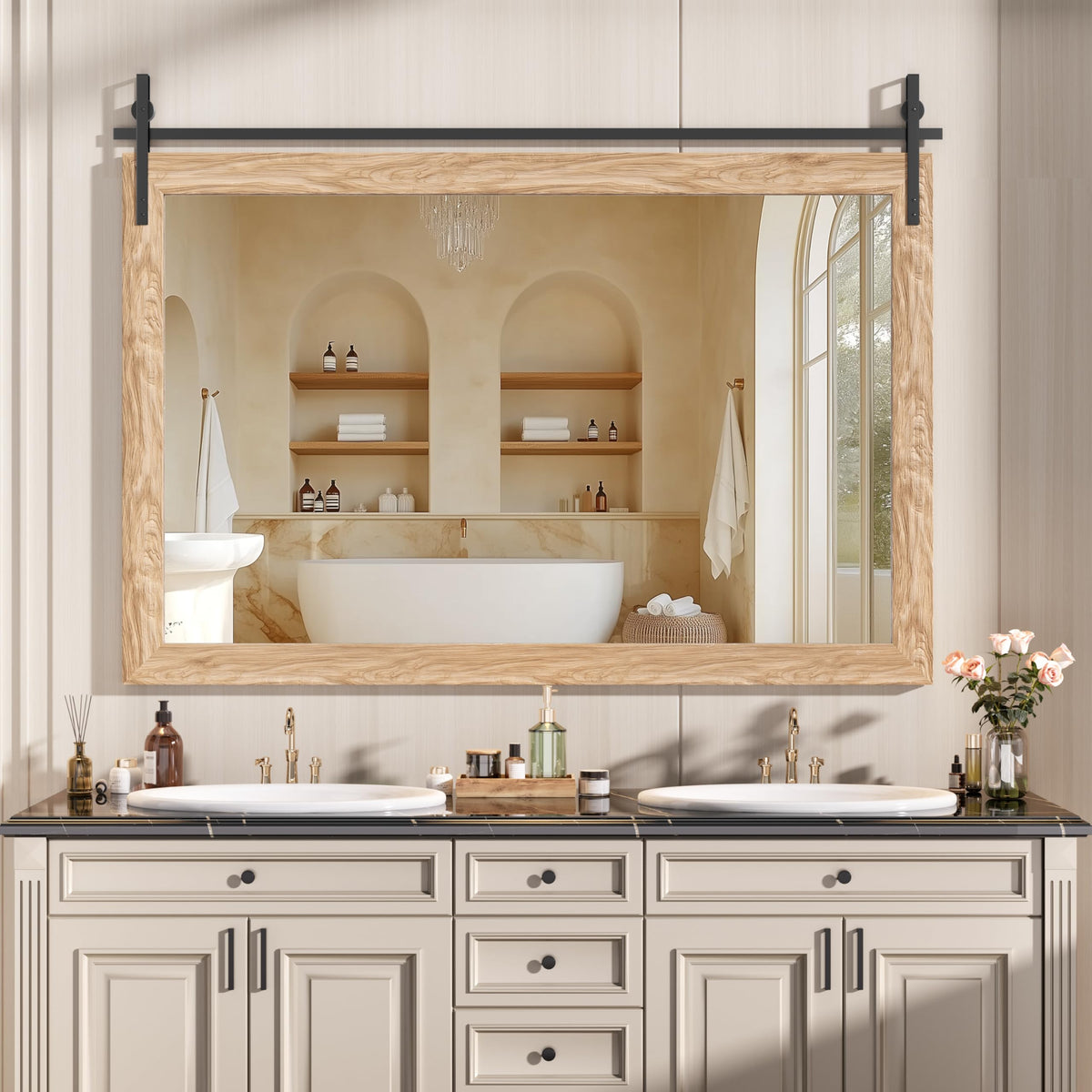 Hasipu Farmhouse Bathroom Mirror, 40"x26" Rustic Wood Framed Wall Mounted Mirror, Black Vintage Vanity Mirror Barn Door Style Decrative Mirrors