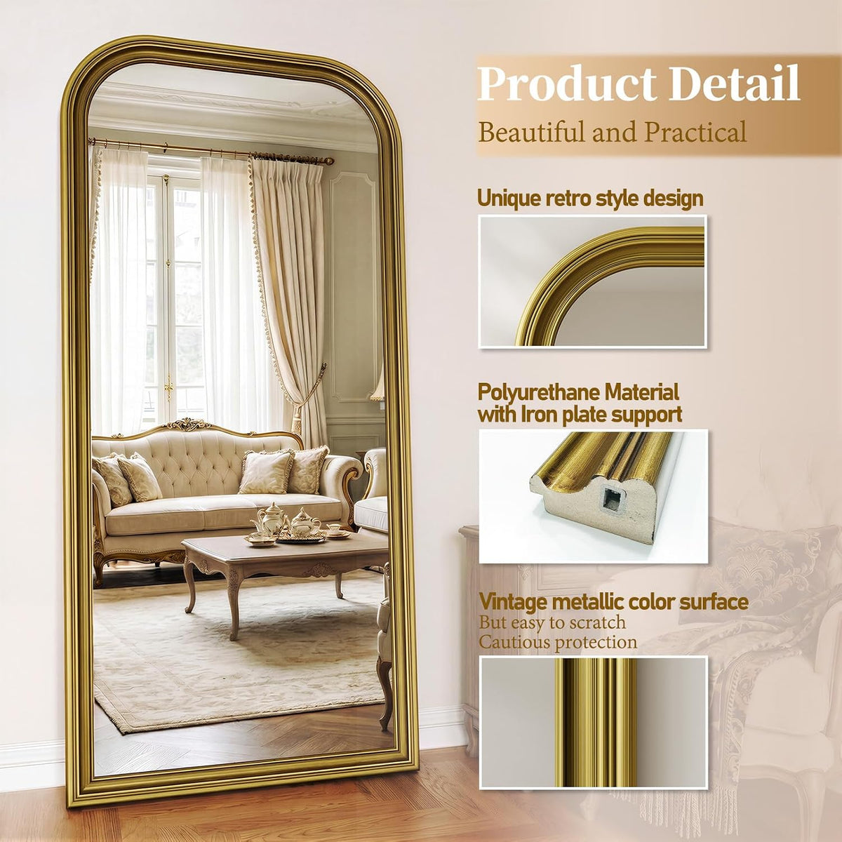 71"x32" Full Length Mirror with Stand, Arched PU Frame