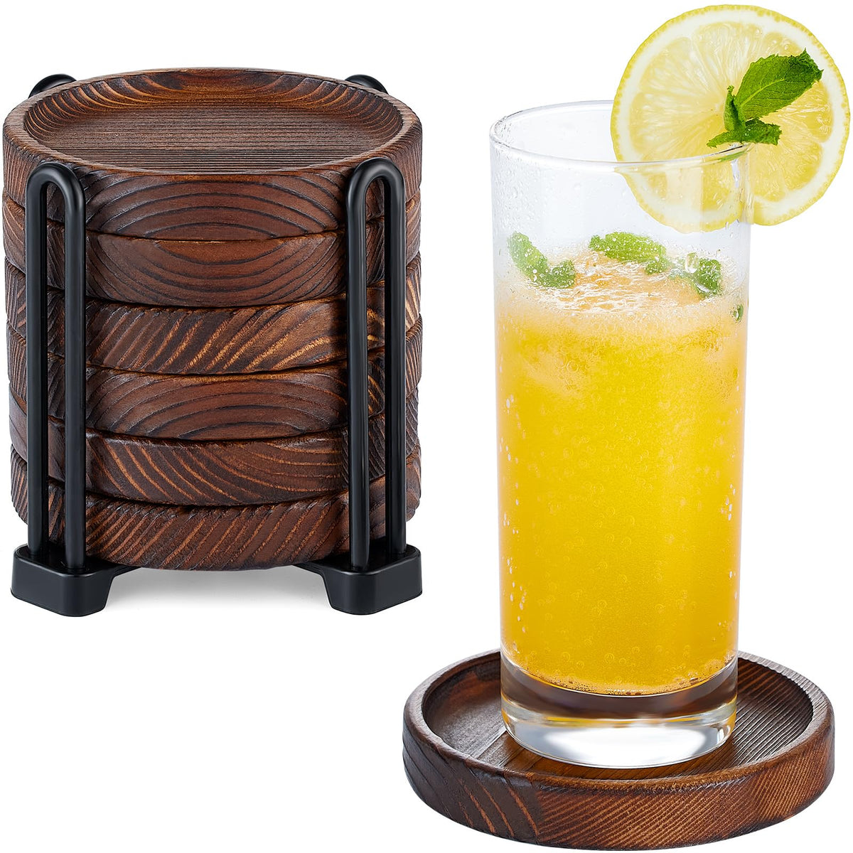 6Pcs Wooden Coasters for Drink-Acacia Wood Drink Coasters Set with Holder