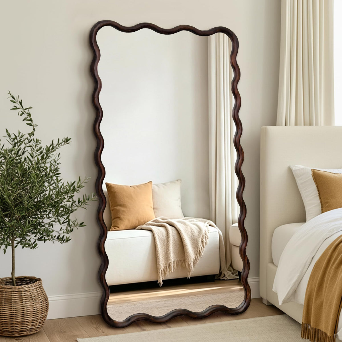 AMOISE Full Length Mirror, 56"x28" Boho Wavy Floor Mirror, Dark Brown